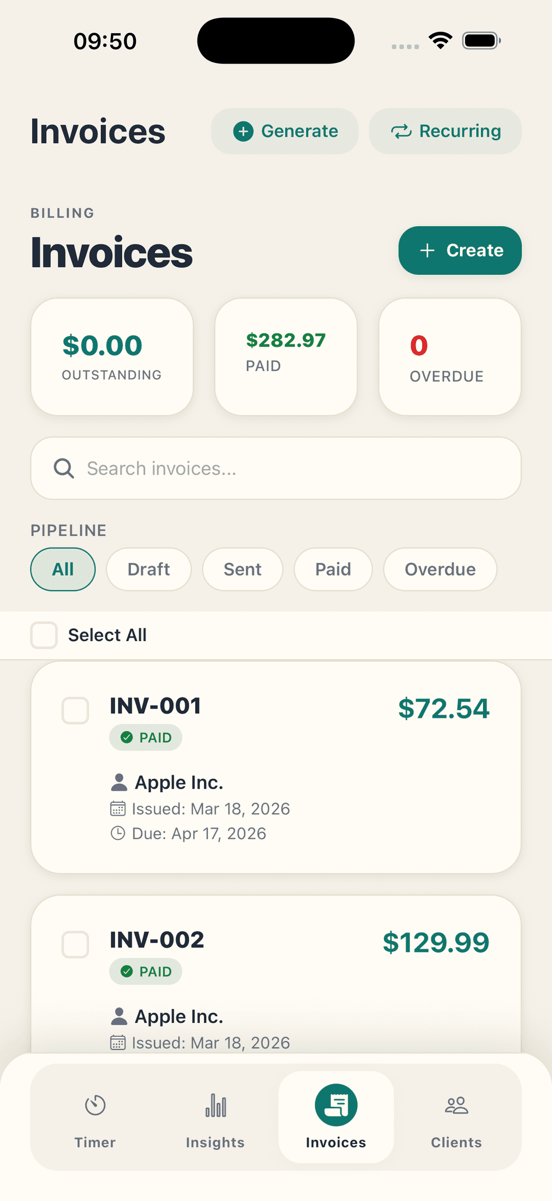 LogTime Pro invoices screen